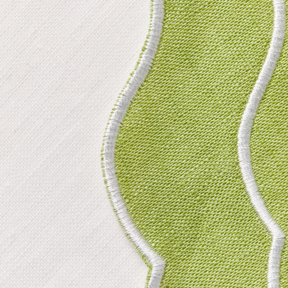 Close-up of a green scalloped edge placemat with white stitching on a white background