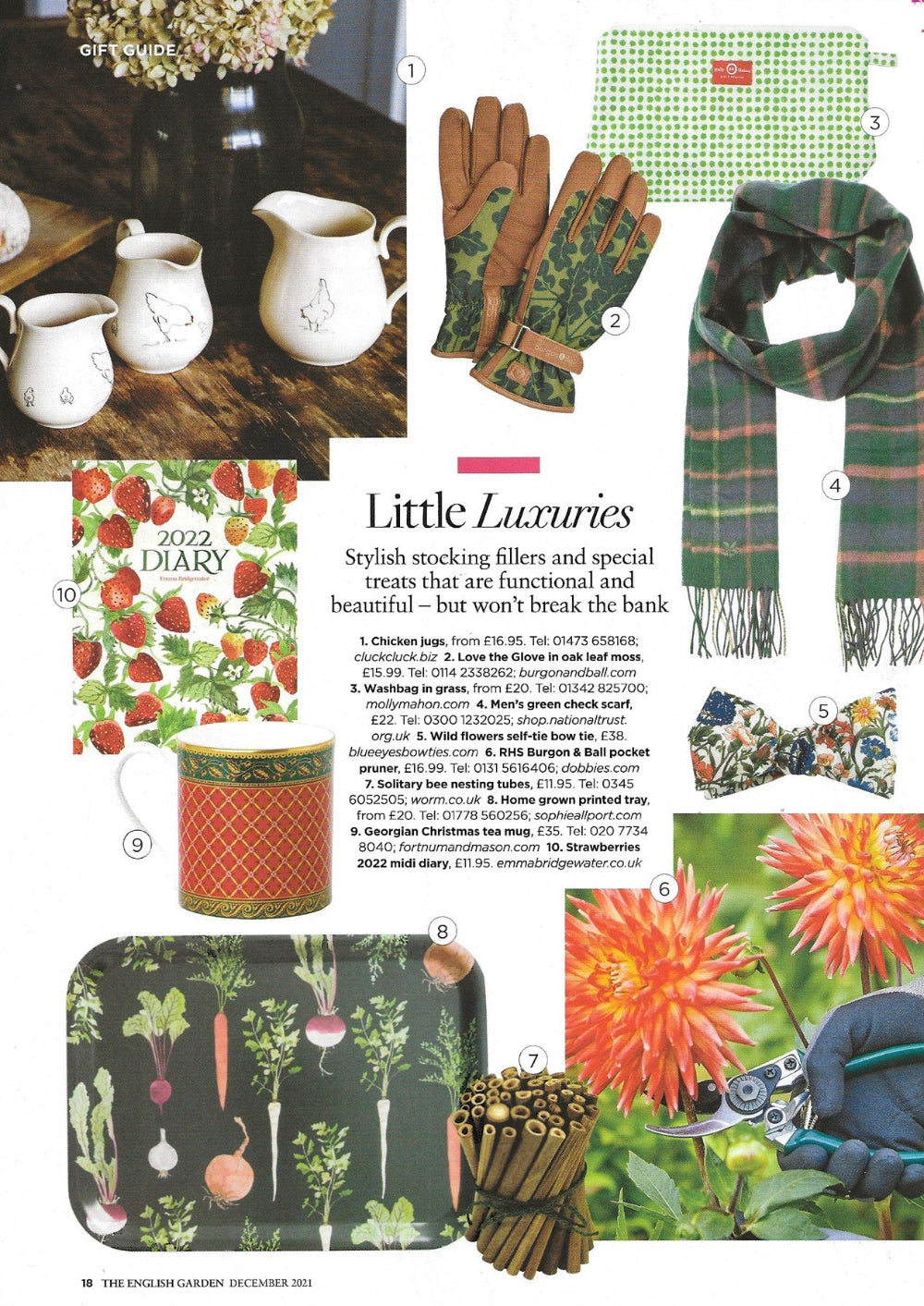 Collage of various items including a scarf, gloves, a diary, and a tray with decorative patterns English Garden Magazine.