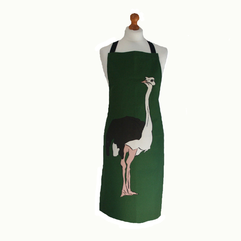 Green apron with an ostrich design on a white background