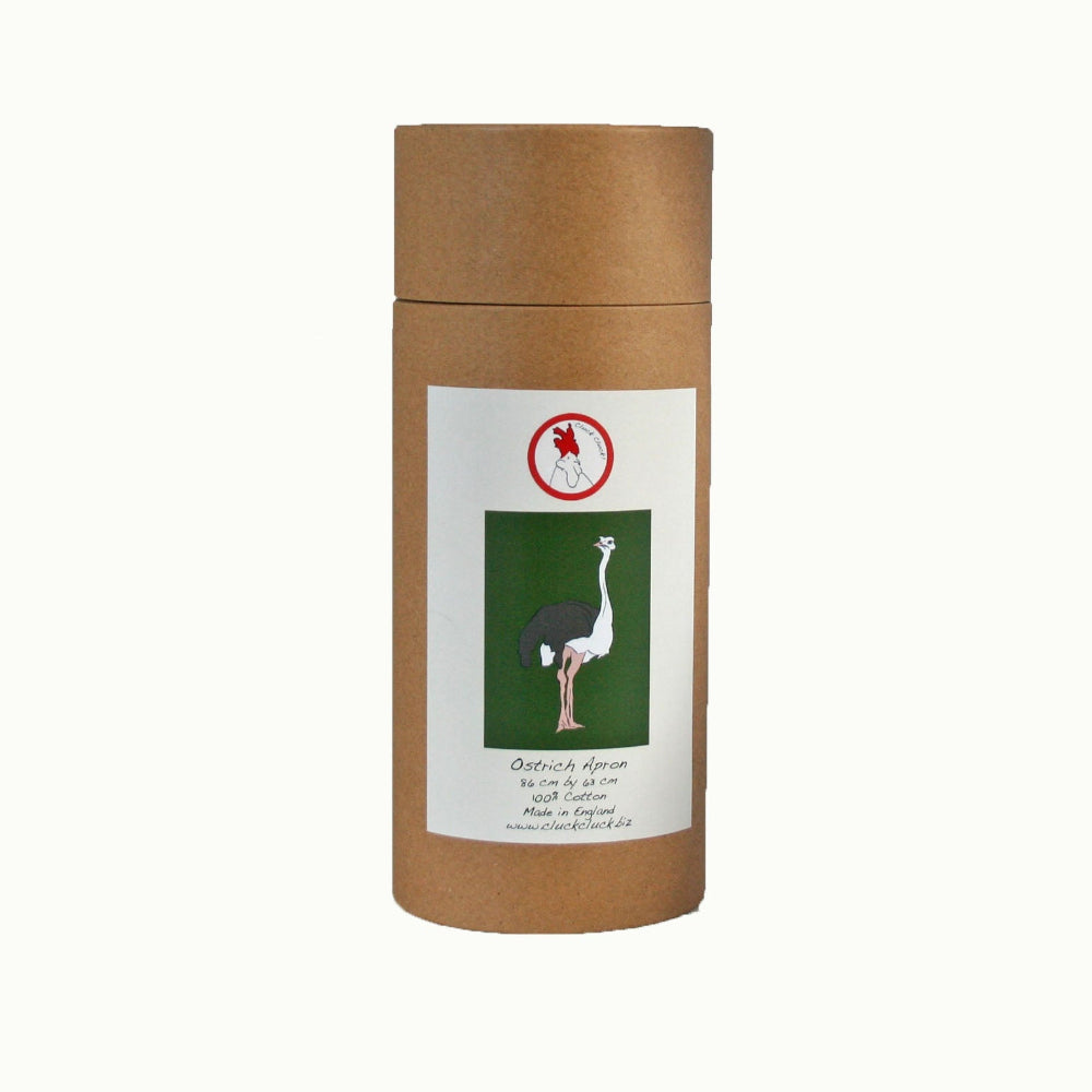 Brown cylindrical container with a label featuring an ostrich illustration on a white background