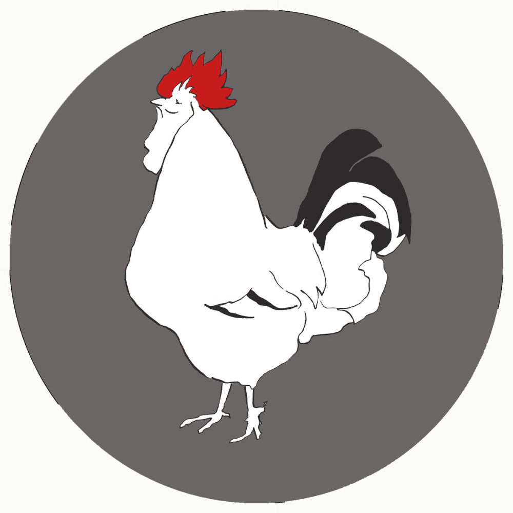 Illustration of a rooster with a red comb on a grey background