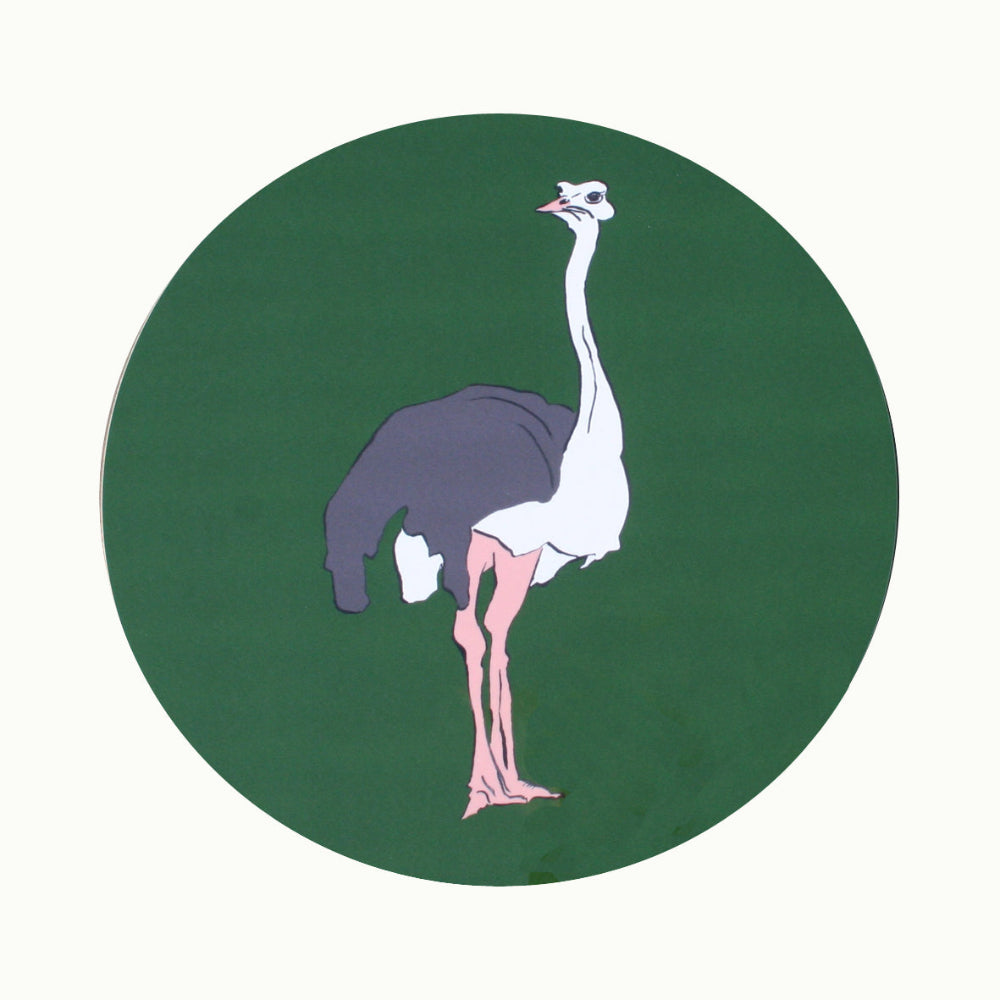 Ostrich illustration on a green coaster on a white background