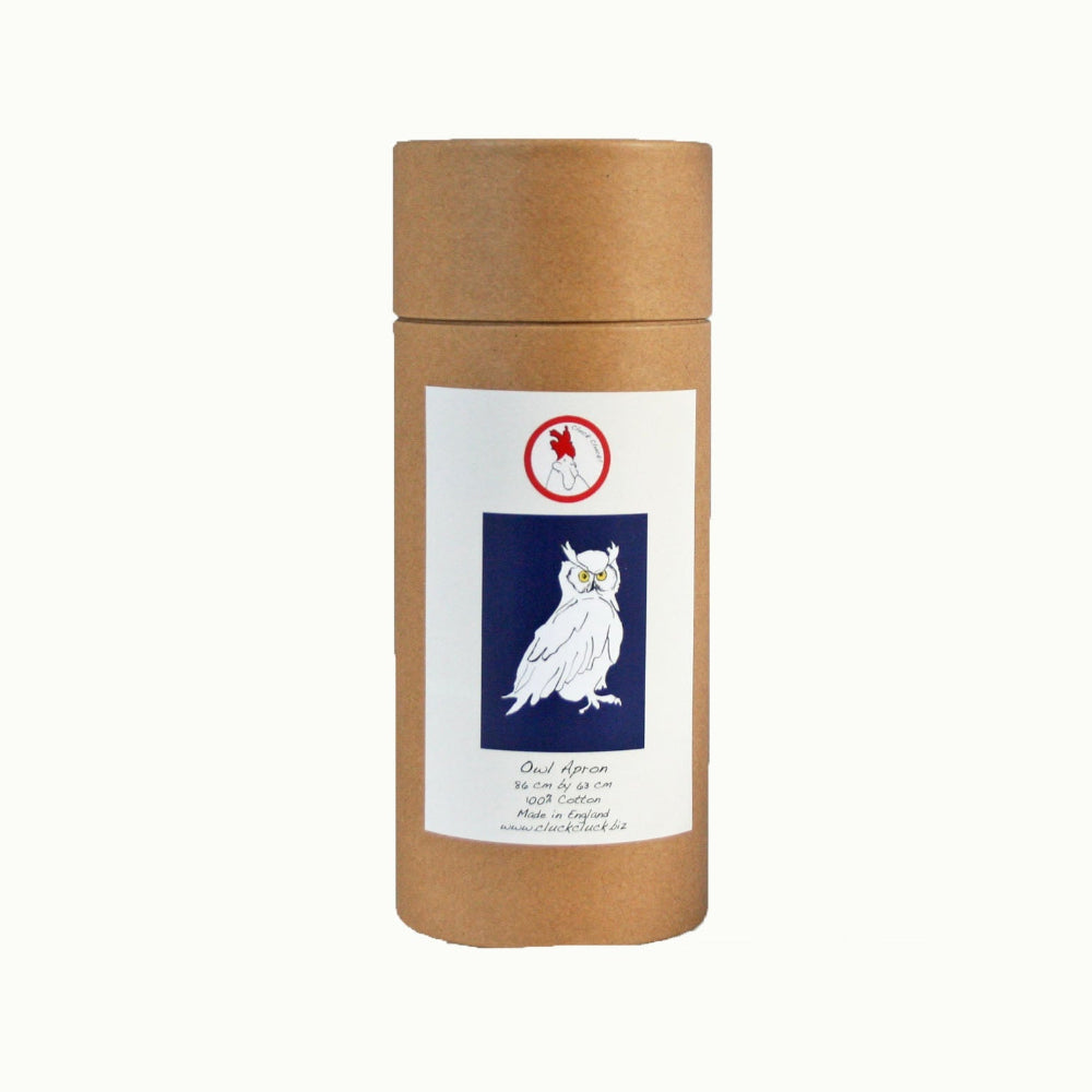 Brown cylindrical container with a label featuring an owl design on a white background