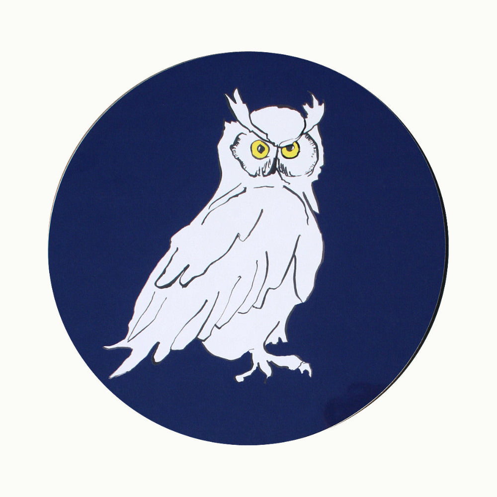 White owl illustration on a navy blue circular background coaster