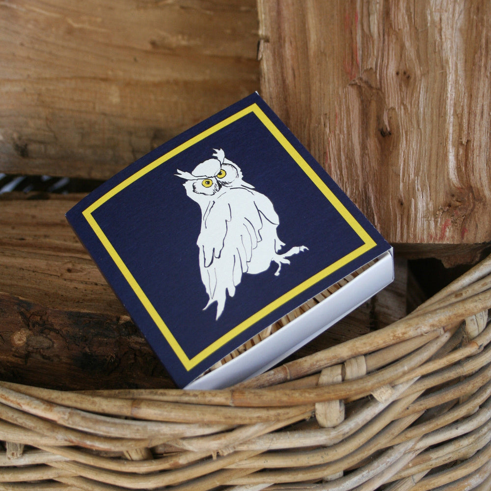 Match Box with owl design on a wooden surface