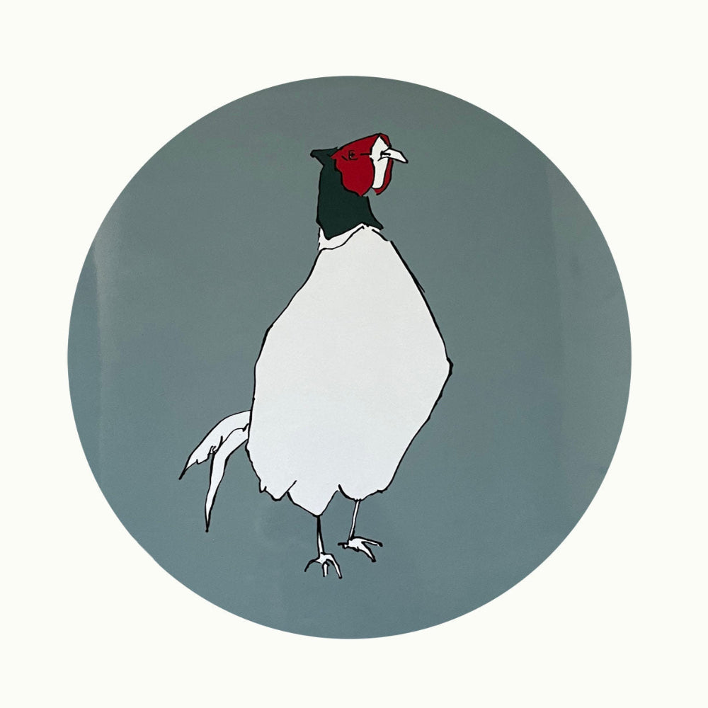Illustration of a white bird with a red head on a grey placemat on a white background