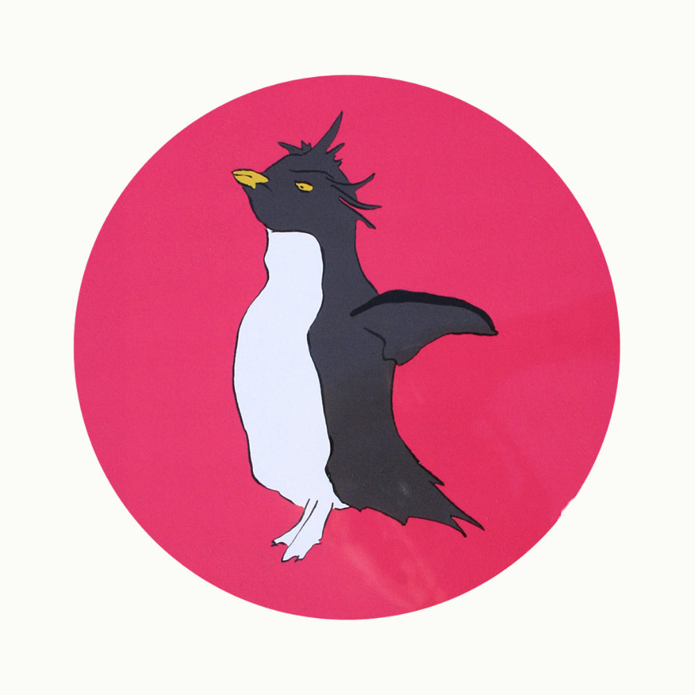 Illustration of a black and white penguin with yellow eyes on a pink circle coaster on a white background