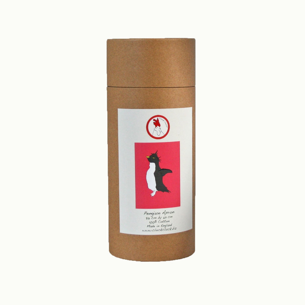 Brown paper tube with a white label featuring a penguin illustration on a white background
