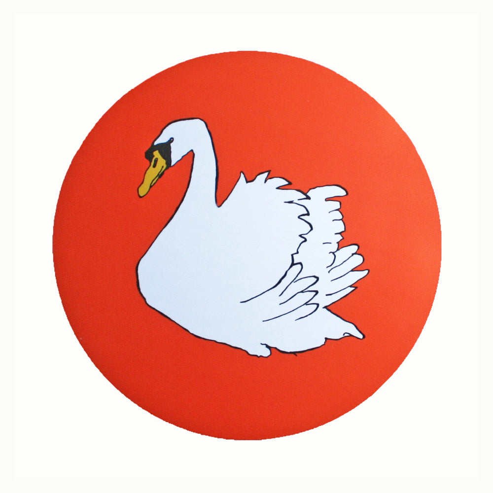 White swan illustration on a red placemat white background