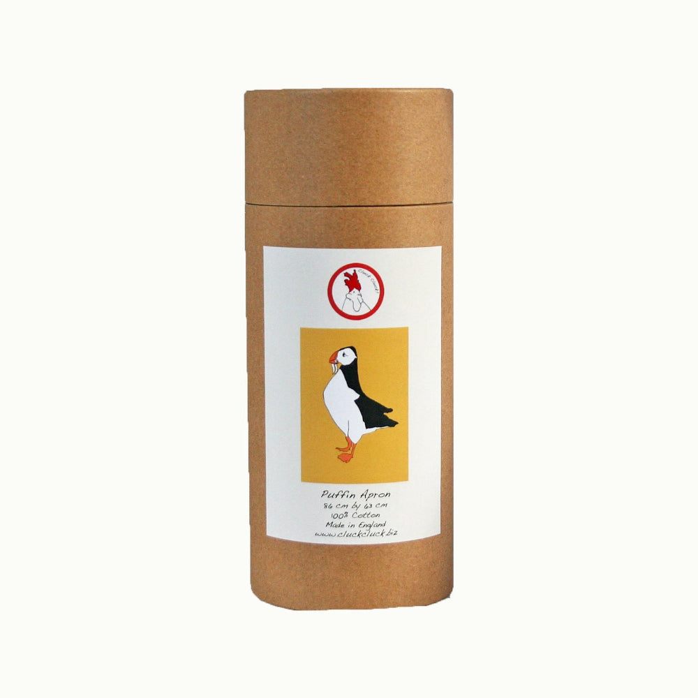 Brown cylindrical container with a label featuring a puffin illustration on a white background
