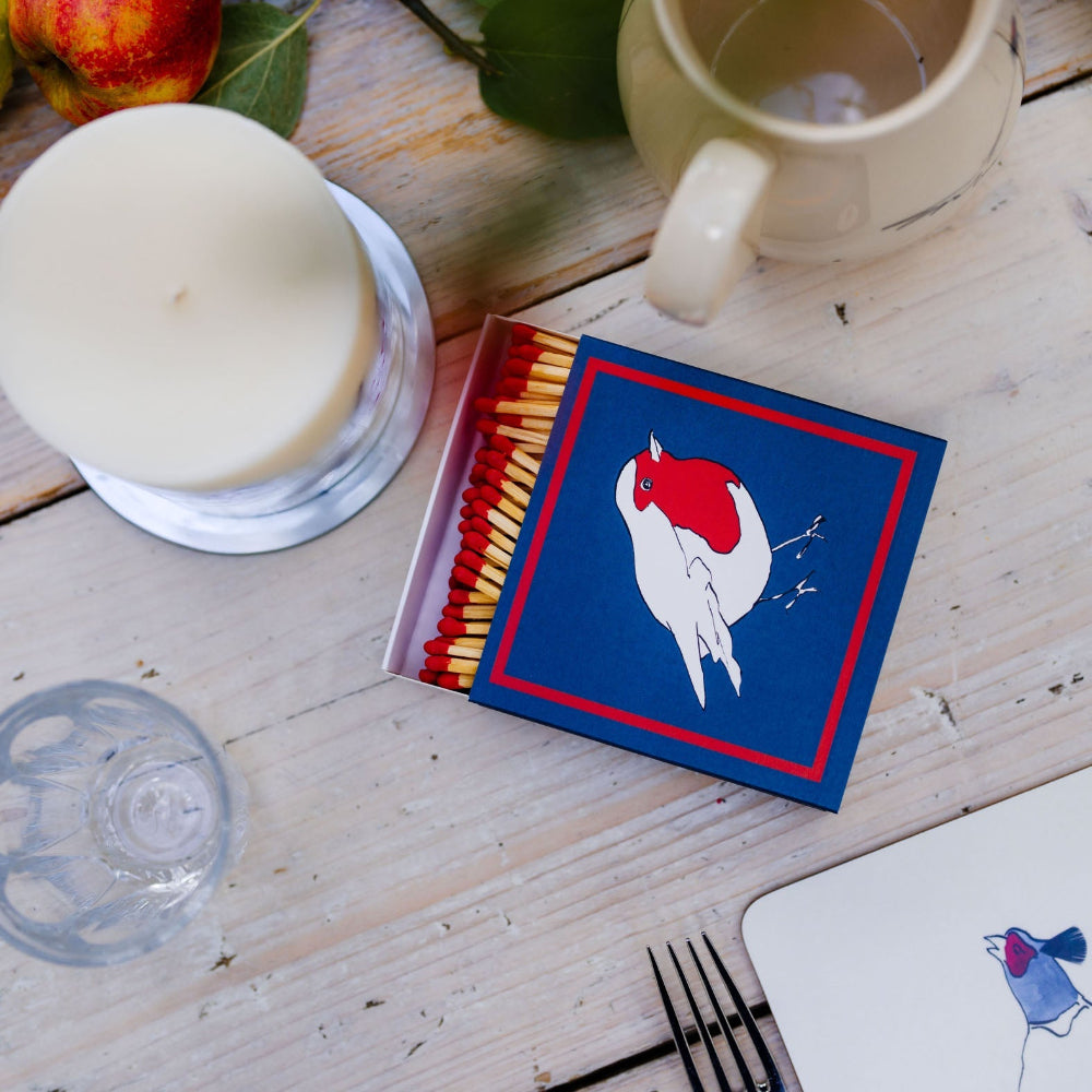 Matches with a blue cover featuring a red Robin and white design on a wooden surface.