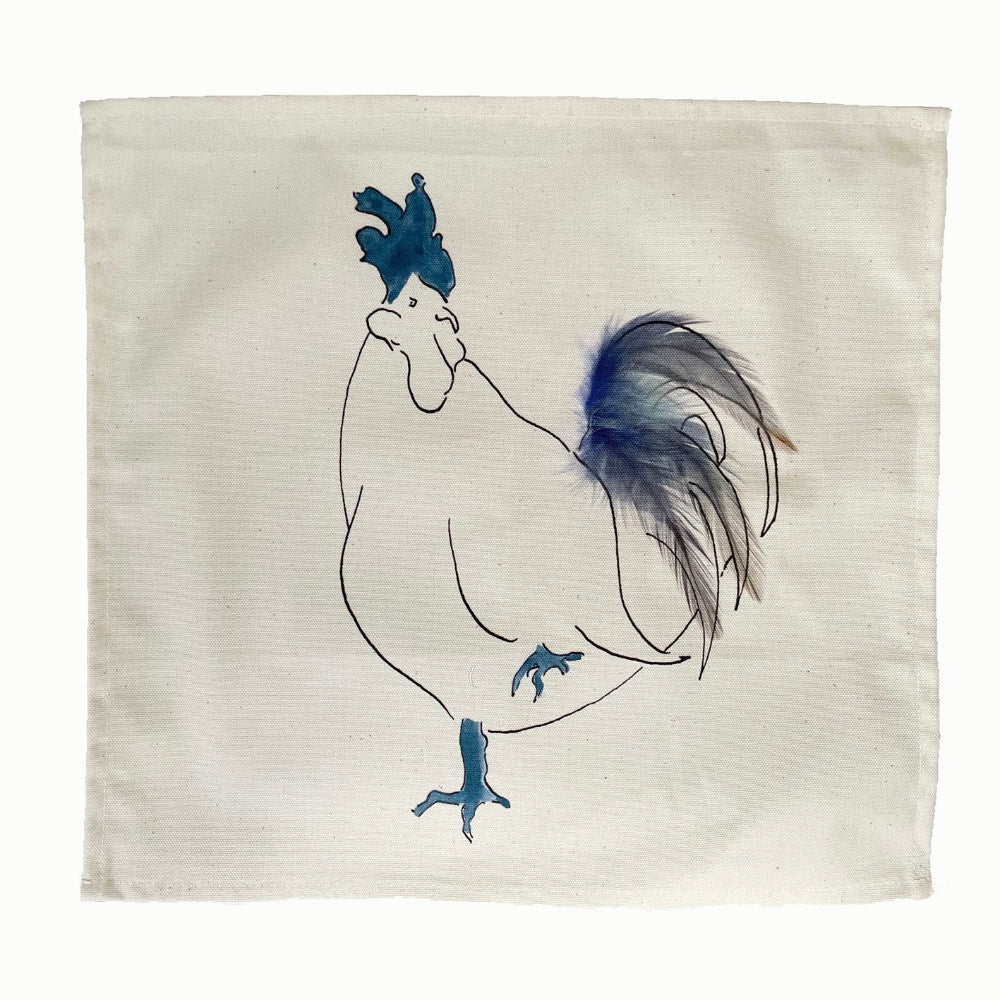 Napkin stylized rooster design in blue and black on a beige background
