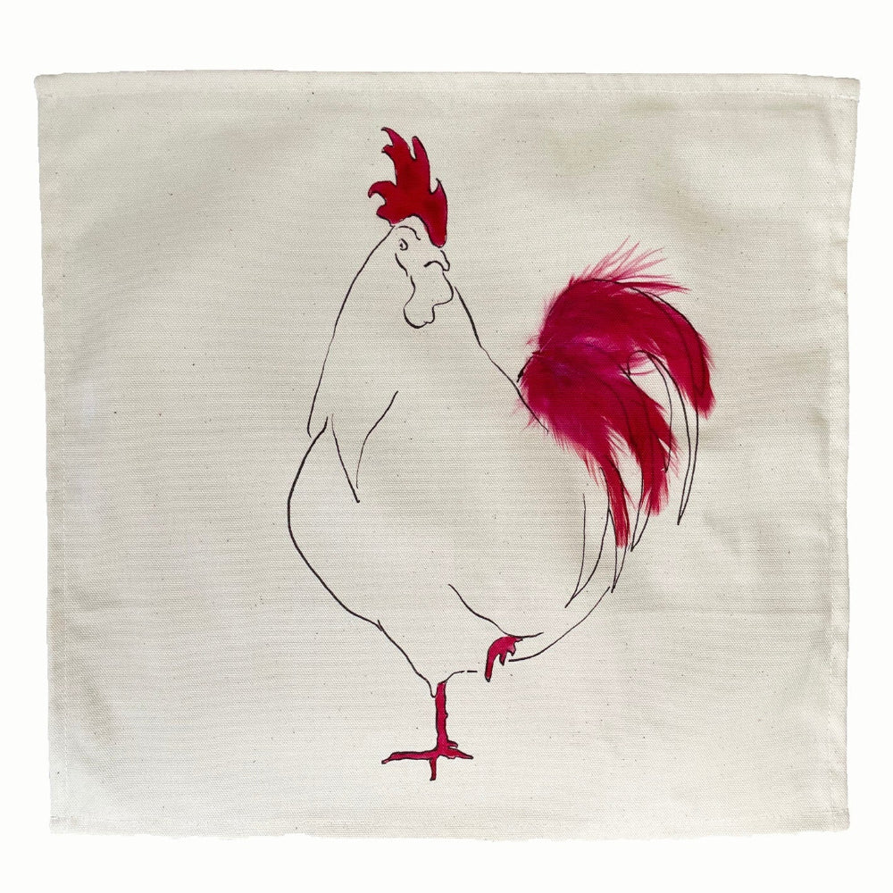 Napkin with a red rooster design on a white background