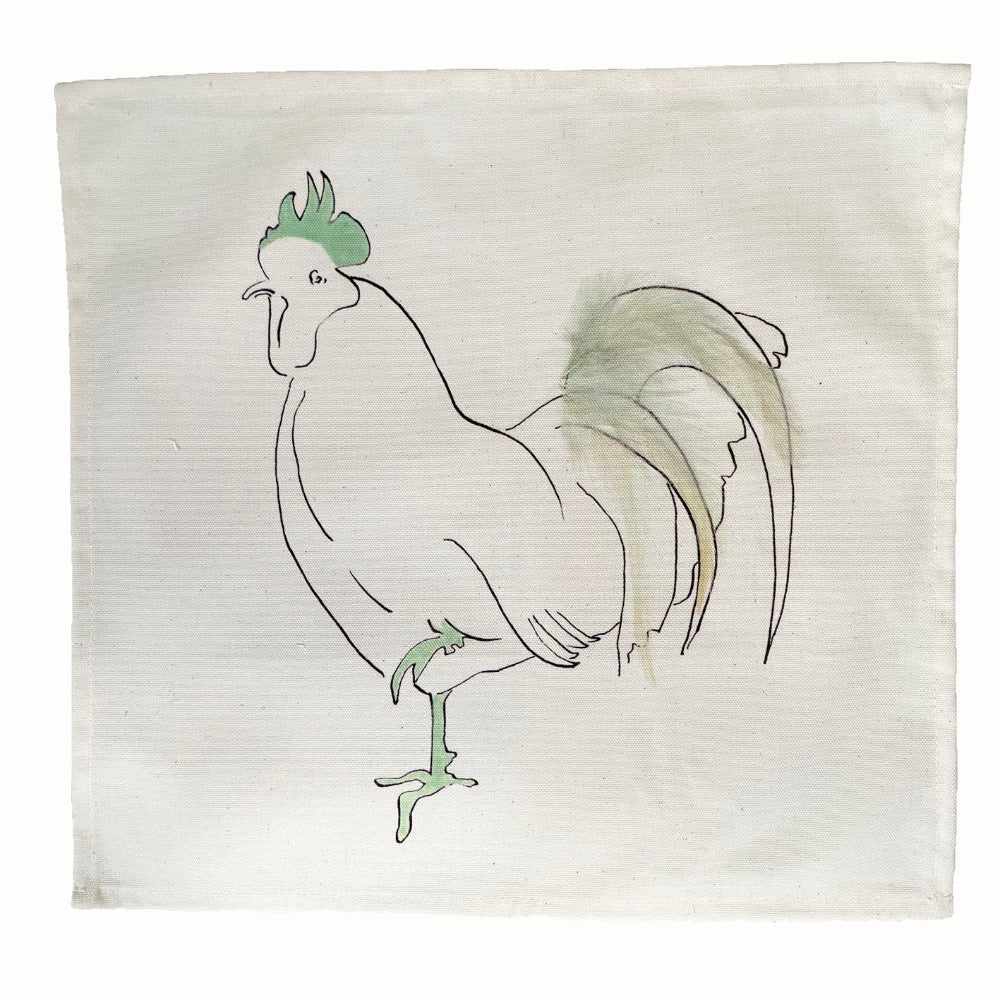 Hand-drawn illustration of a rooster on a textured white background