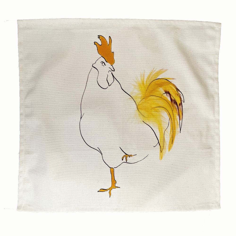Napkin with a rooster illustration wearing a crown on a white background