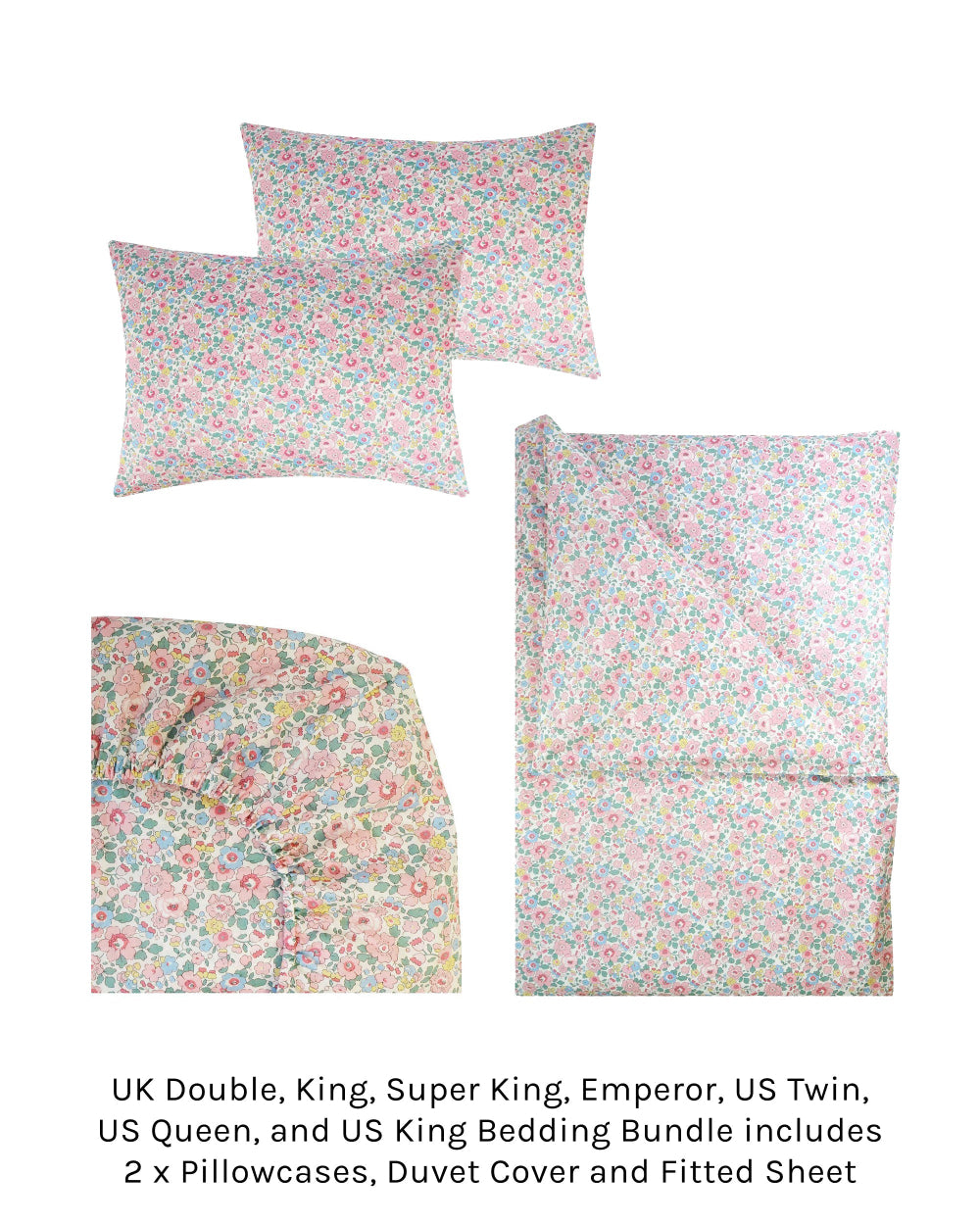 Floral bedding set with duvet cover, fitted sheet, and pillowcases on a white background.