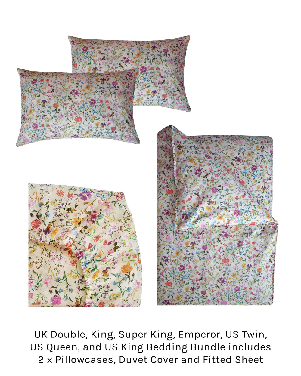 Floral bedding set with duvet cover, fitted sheet, and pillowcases on a white background.