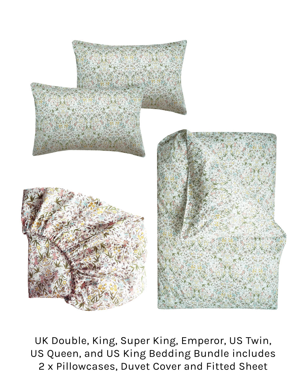 Floral bedding set with duvet cover, fitted sheet, and pillowcases on a white background.