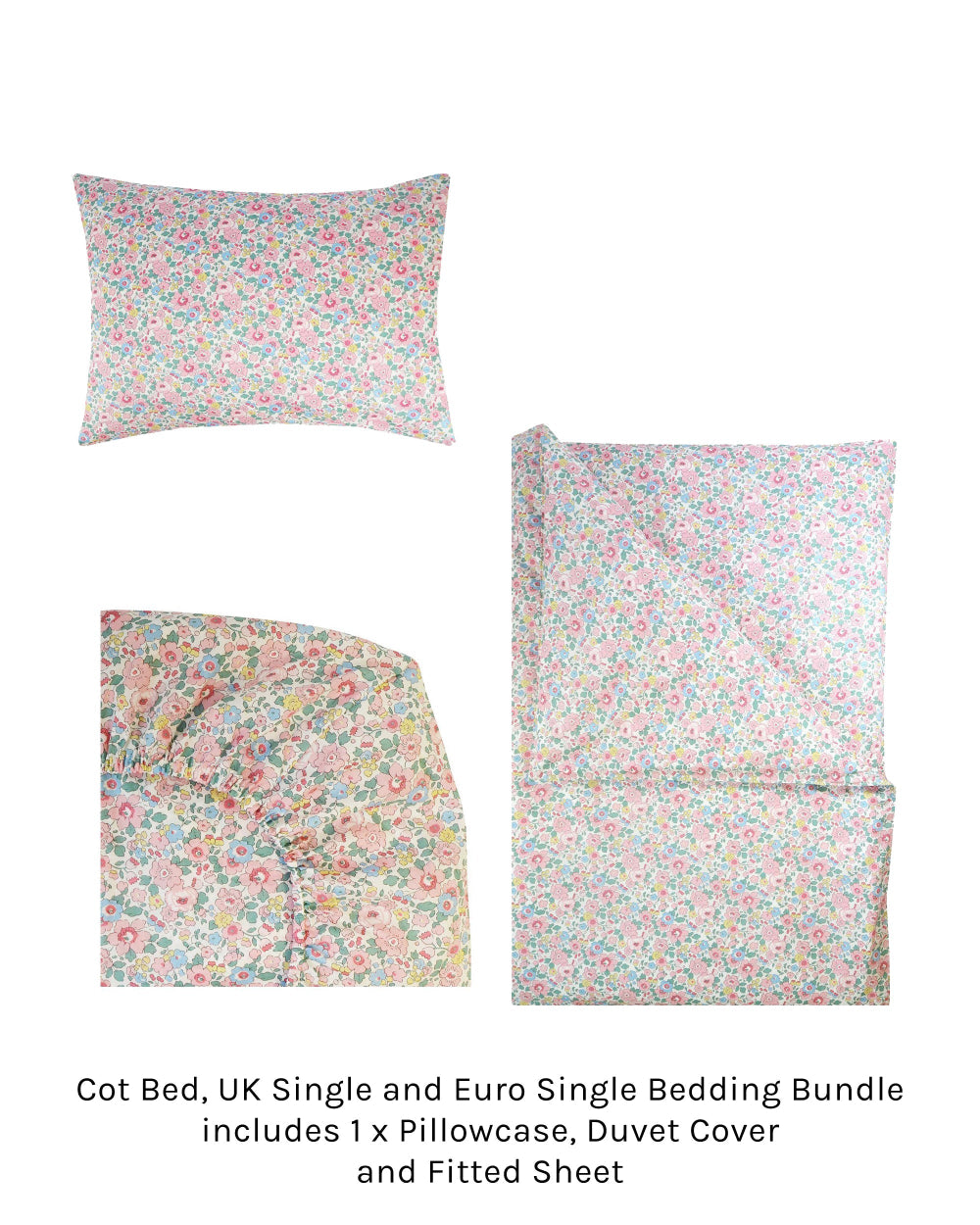 Floral bedding set including a pillowcase, duvet cover, and fitted sheet on a white background.