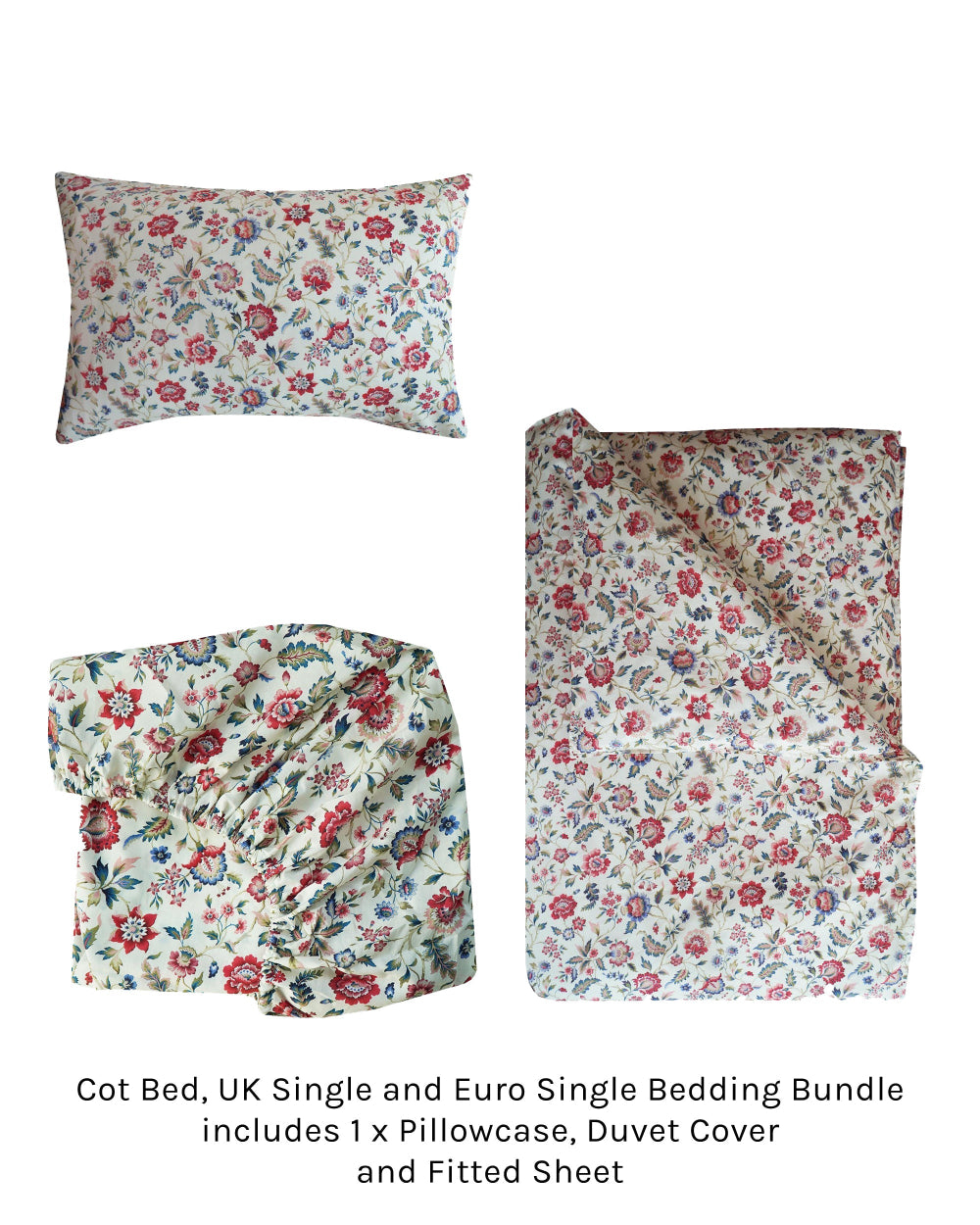 Floral bedding set including a pillowcase, duvet cover, and fitted sheet on a white background.