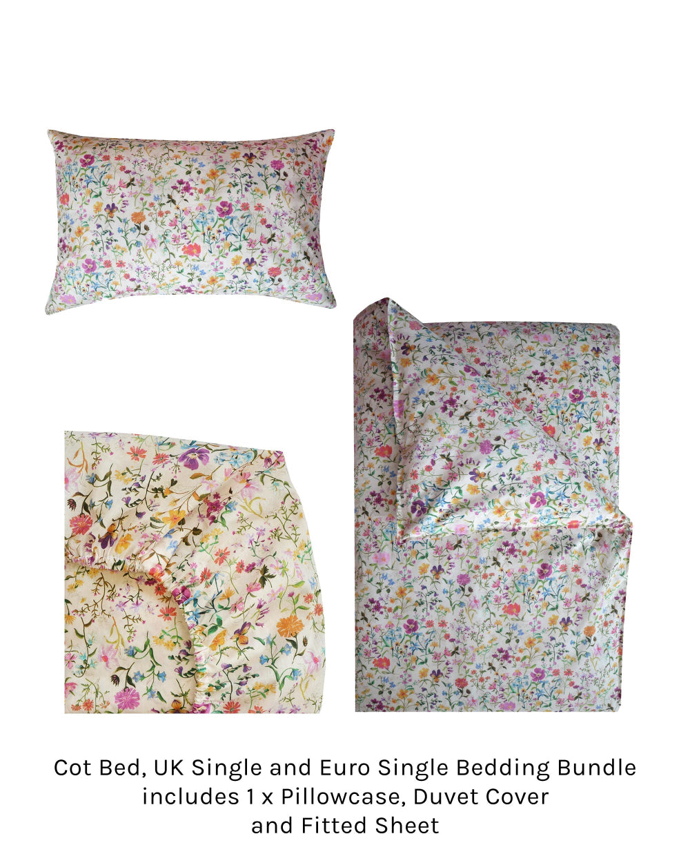 Floral bedding bundle for cot bed, UK single, and Euro single beds including pillowcase, duvet cover, and fitted sheet.