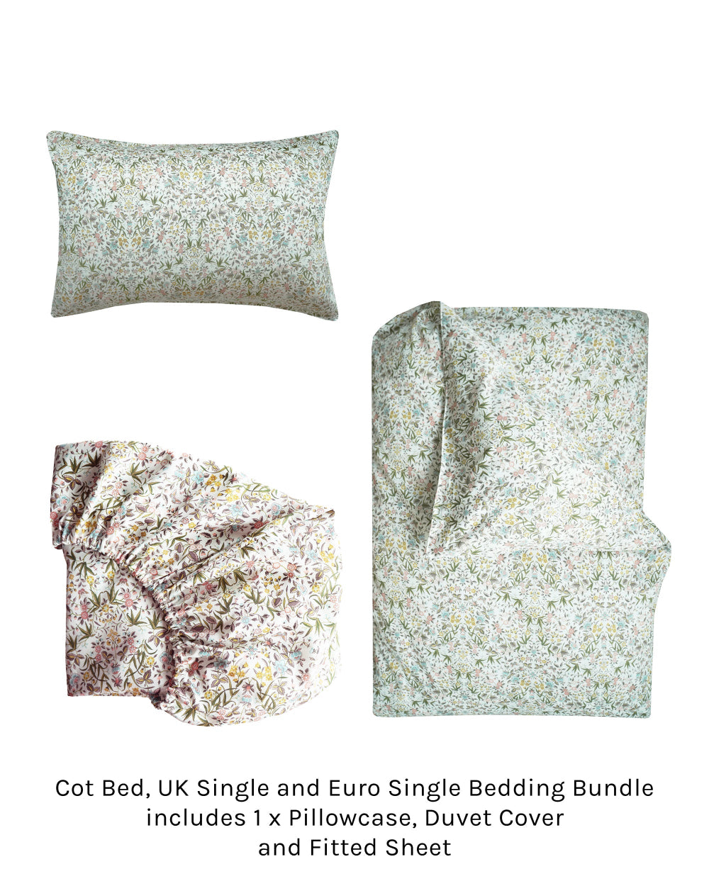 Floral bedding set including a pillowcase, duvet cover, and fitted sheet on a white background.