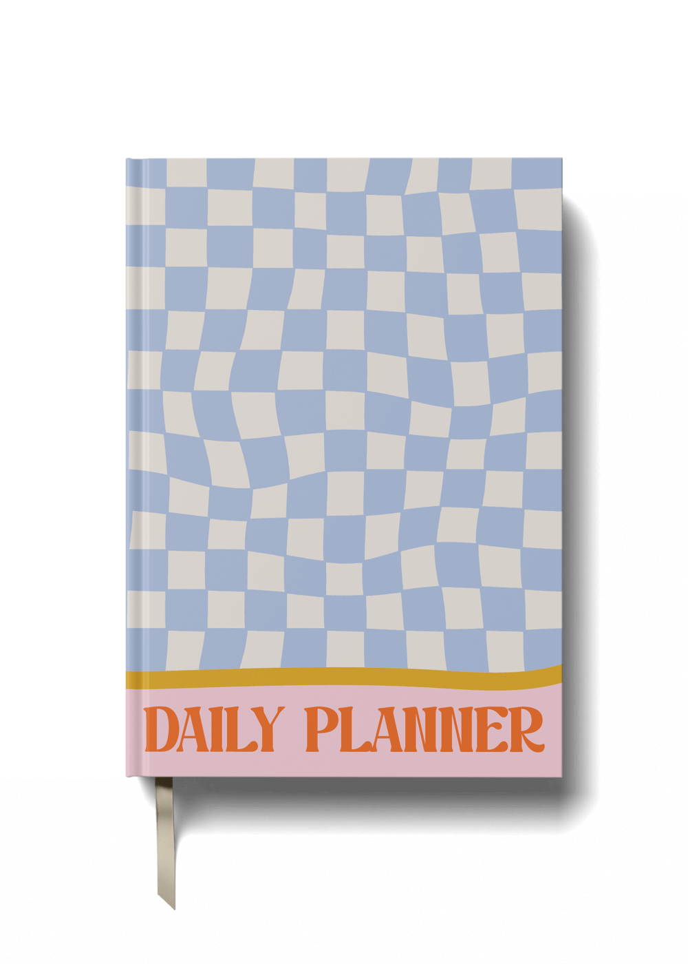 Checkered blue and white daily planner with a black background