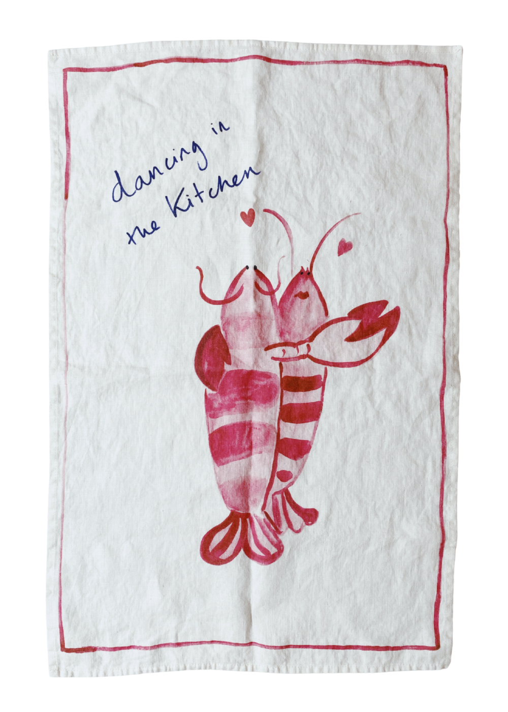 Kitchen towel with a red lobster design and text on a white background