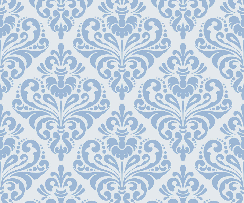 Decorative Damask pattern with blue floral elements on a light blue background