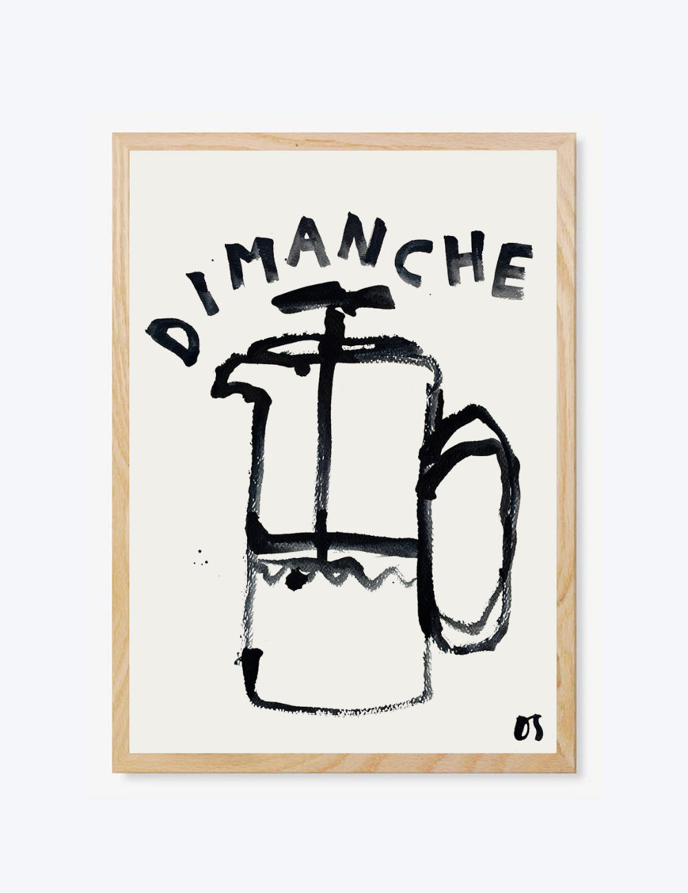 Framed artwork with a black and white illustration of a French press and the word 'DIMANCHE' on a white background.