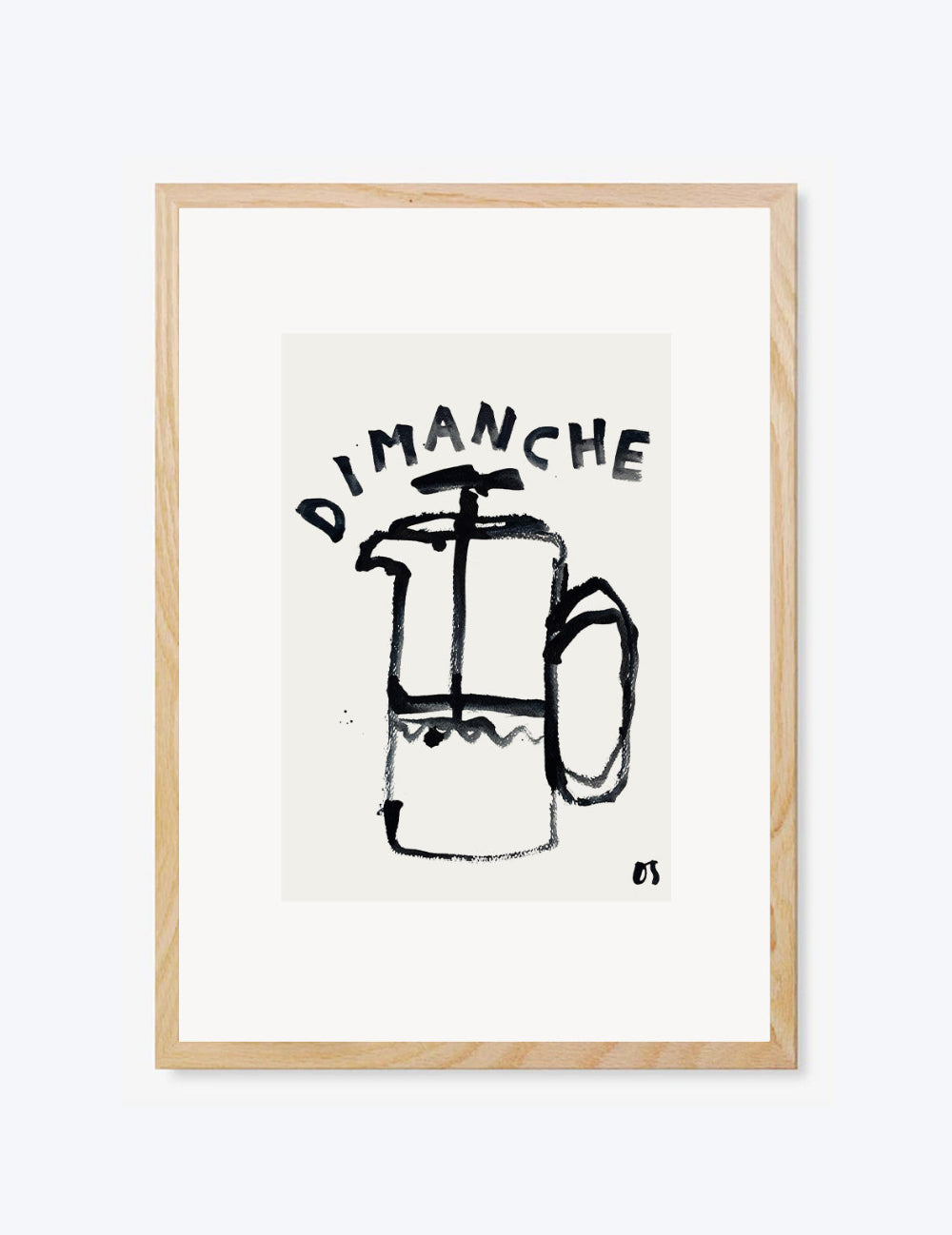 Framed mounted artwork with a black and white illustration of a coffee pot and the word 'DIMANCHE' on a white background.
