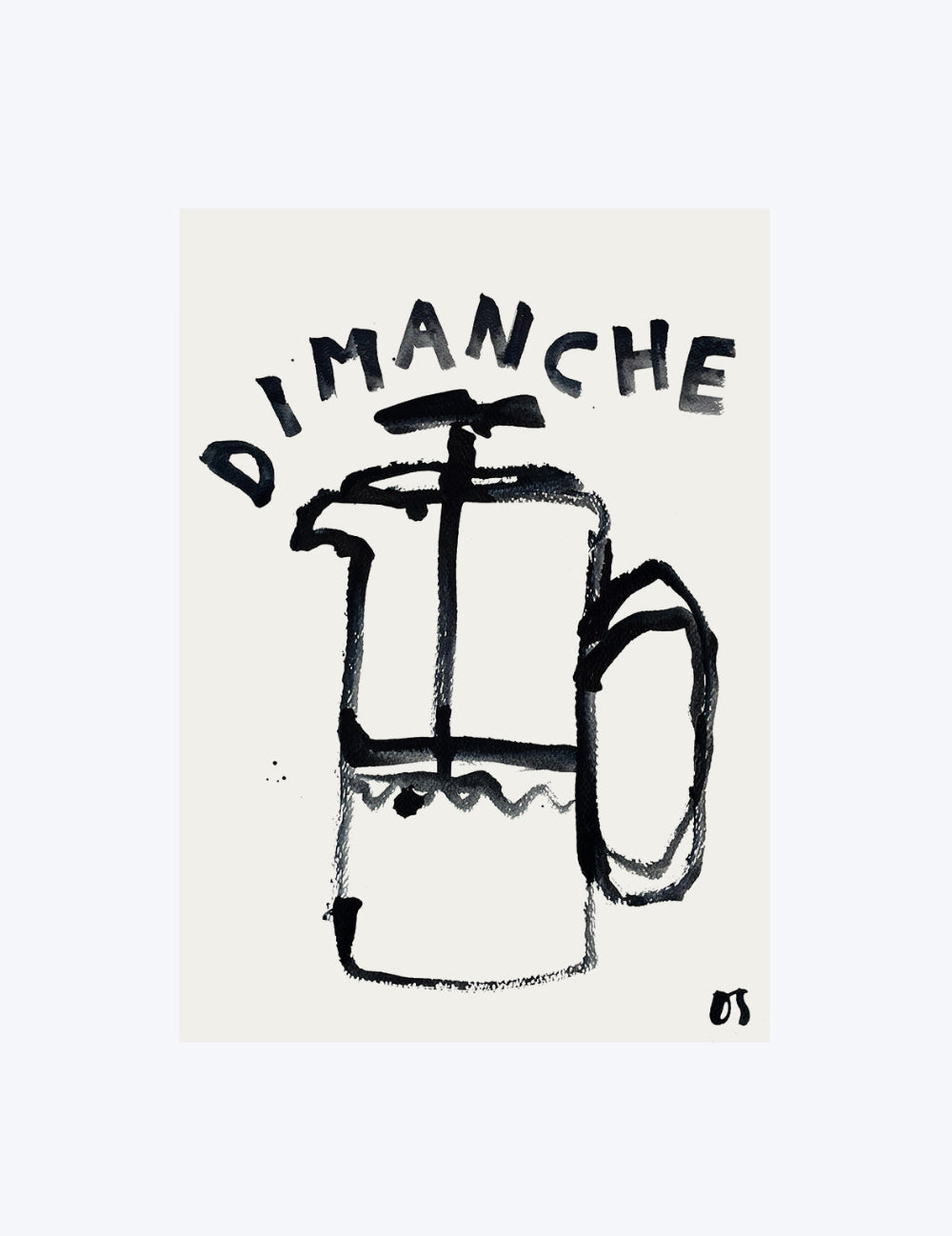 Black and white illustration of a French press with 'DIMANCHE' text on a beige background