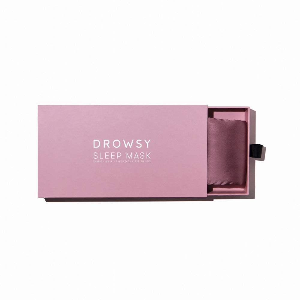 Drowsy Damask Rose Pink box with a Mulberry Silk sleep mask inside on a white background
