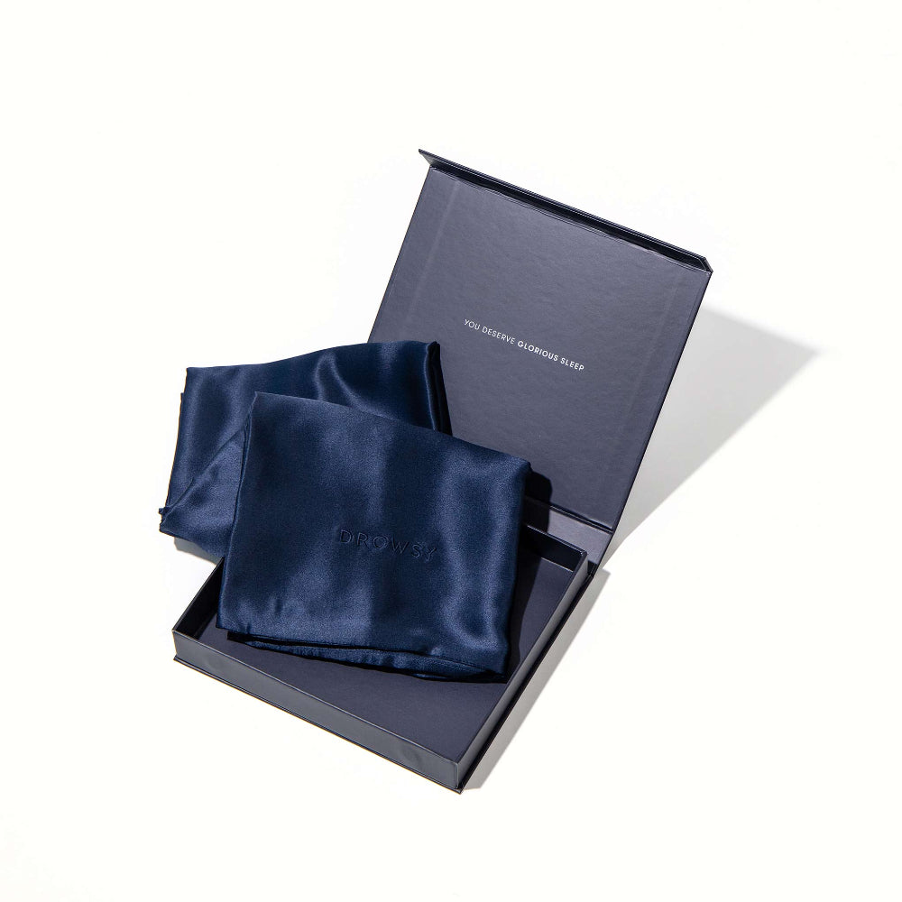 Drowsy Midnight Blue silk pillowcase in box opened