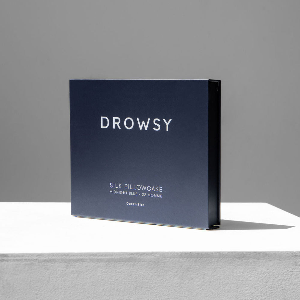 Drowsy Midnight Blue pillowcase in presentation box on a light background