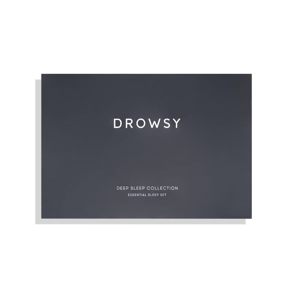 Dark blue box with 'DROWSY' text on a white background the deep sleep collection sleep set
