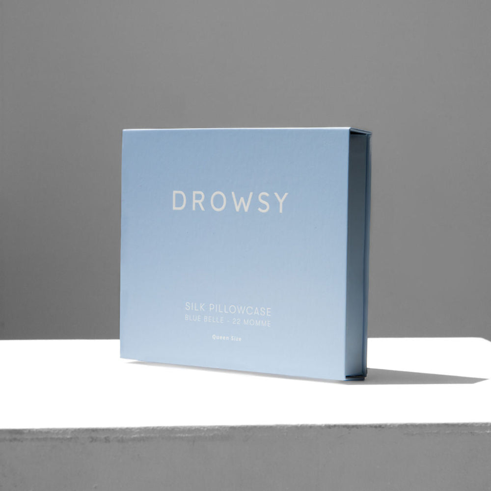 Drowsy Silk Pillowcase in the colour Blue Belle 22 momme silk in matching coloured boxed packaging