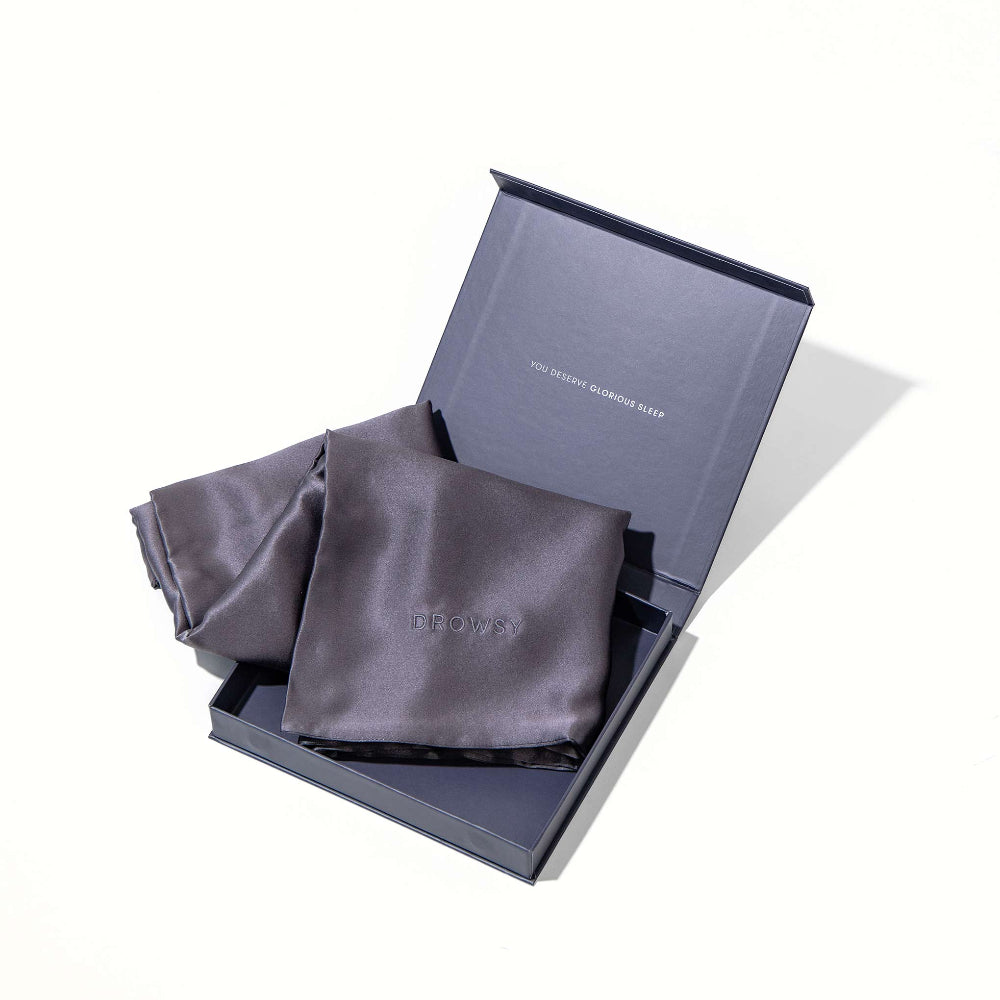 Drowsy Sleep co Moonlight shadow opened packaging showcasing folded silk pillowcase
