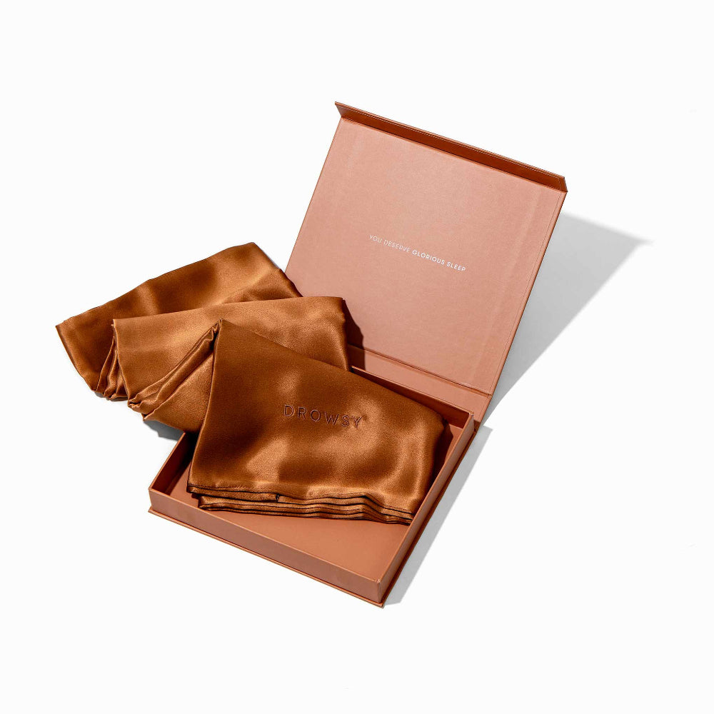 Drowsy Pumpkin Spice Tuscan Kiss Open packaging box showcasing silk pillowcase