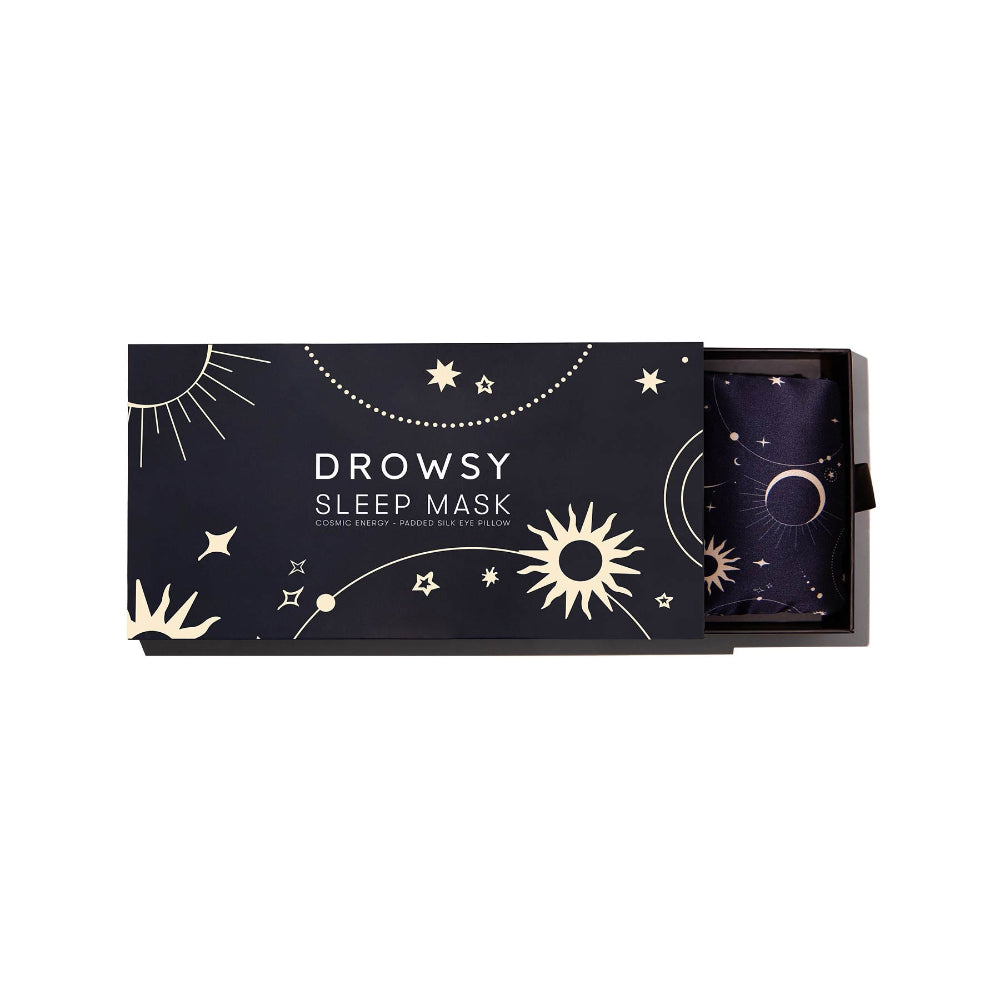 Cosmic Energy Sleep mask packaging with celestial designs on a white background