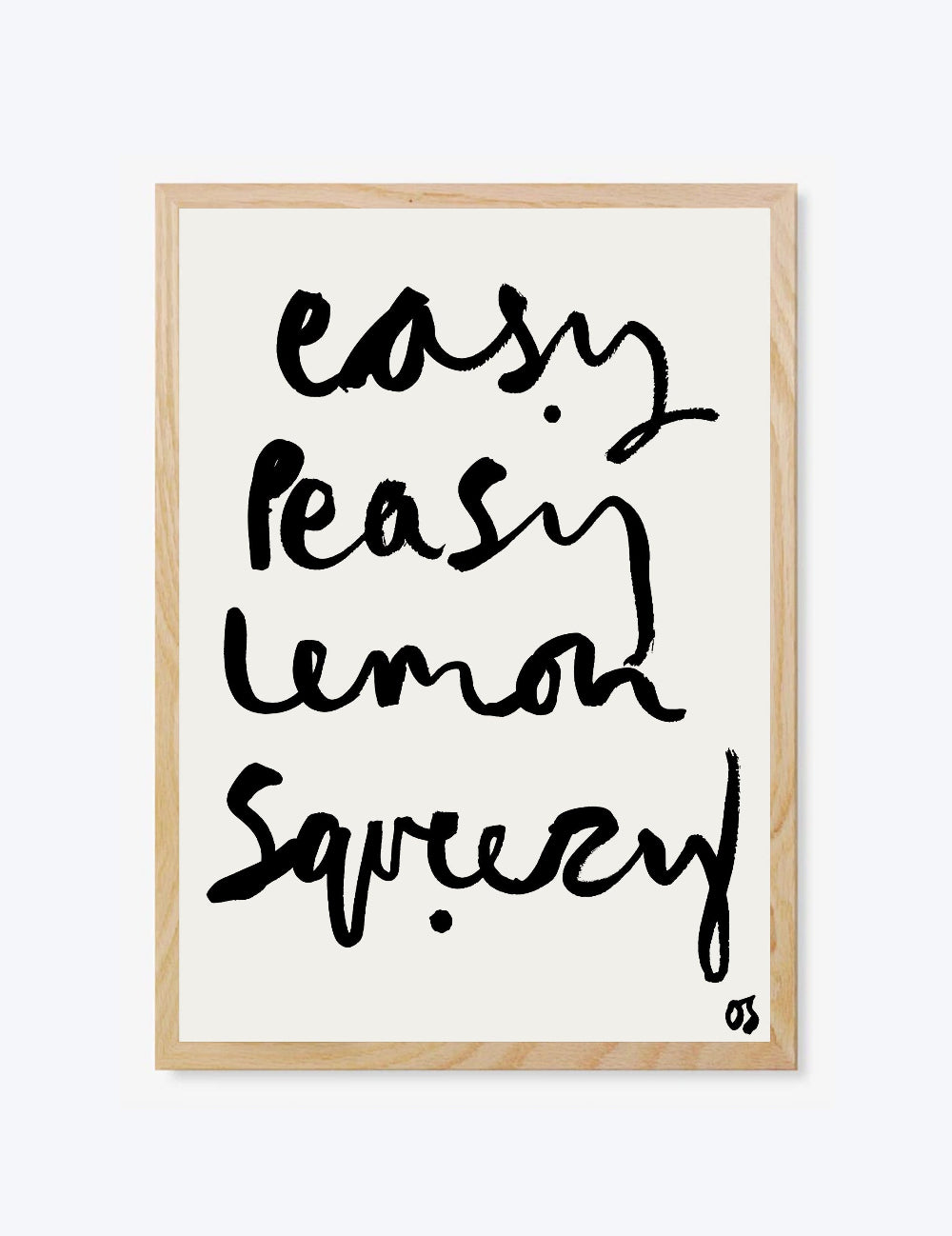Framed artwork with black text easy peasy lemon squeezy on a white background