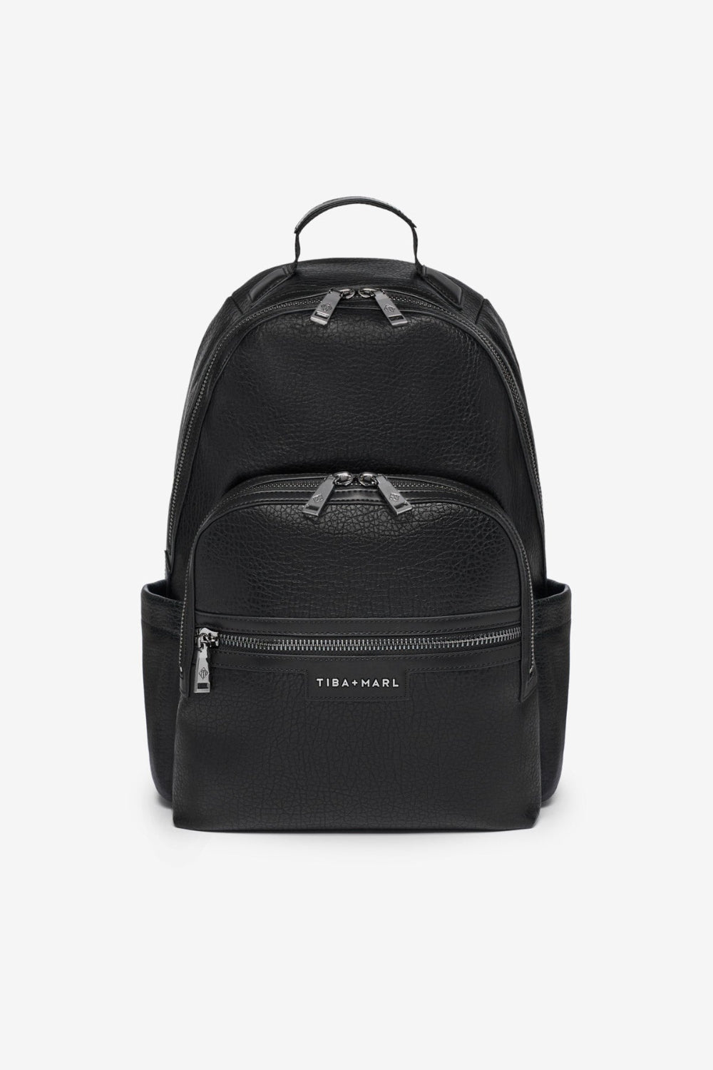 Black backpack with visible brand logo on a white background