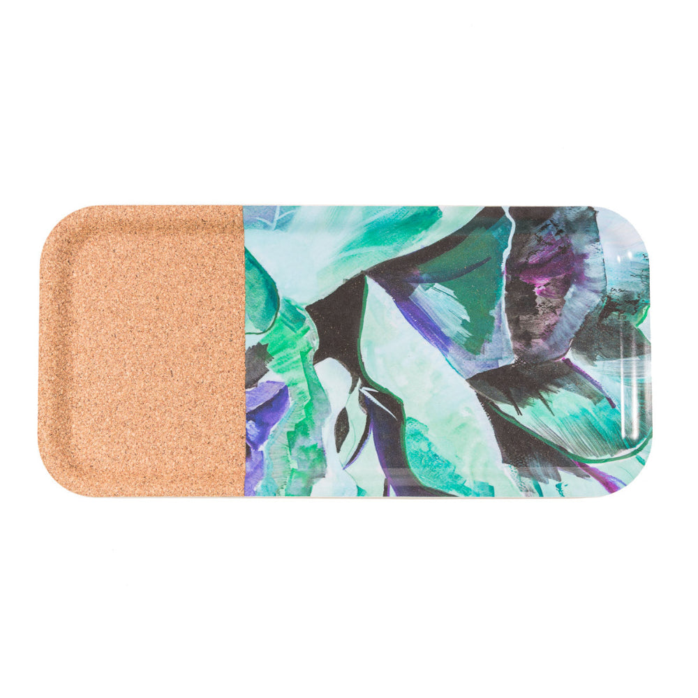 Rectangular tray with cork base and abstract green and purple design