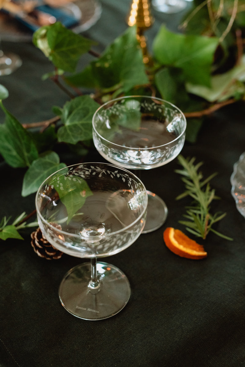Two crystal glasses with a clear liquid on a dark surface with greenery and an orange slice.