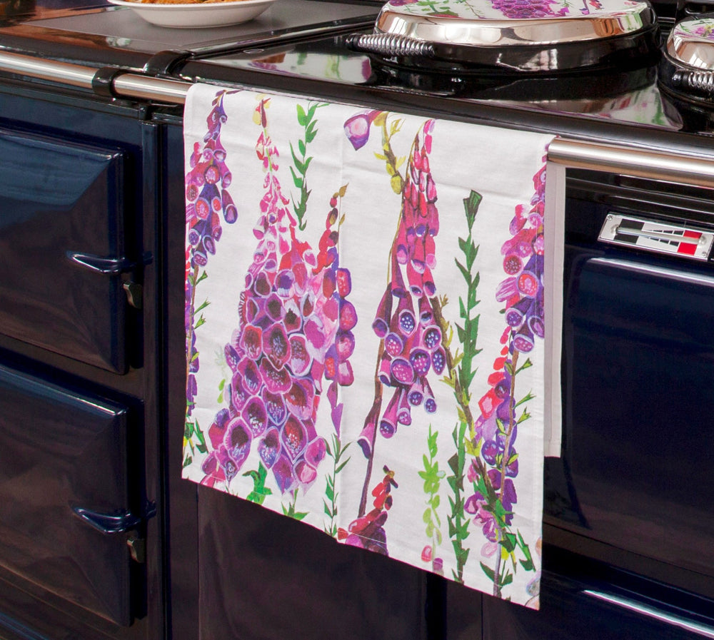 Foxglove Printed towel hanging on a stove