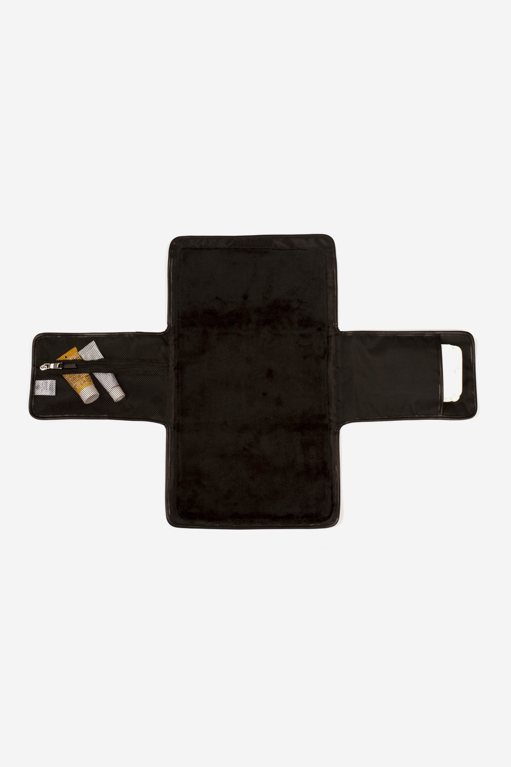 Black baby changing mat with compartments on a white background