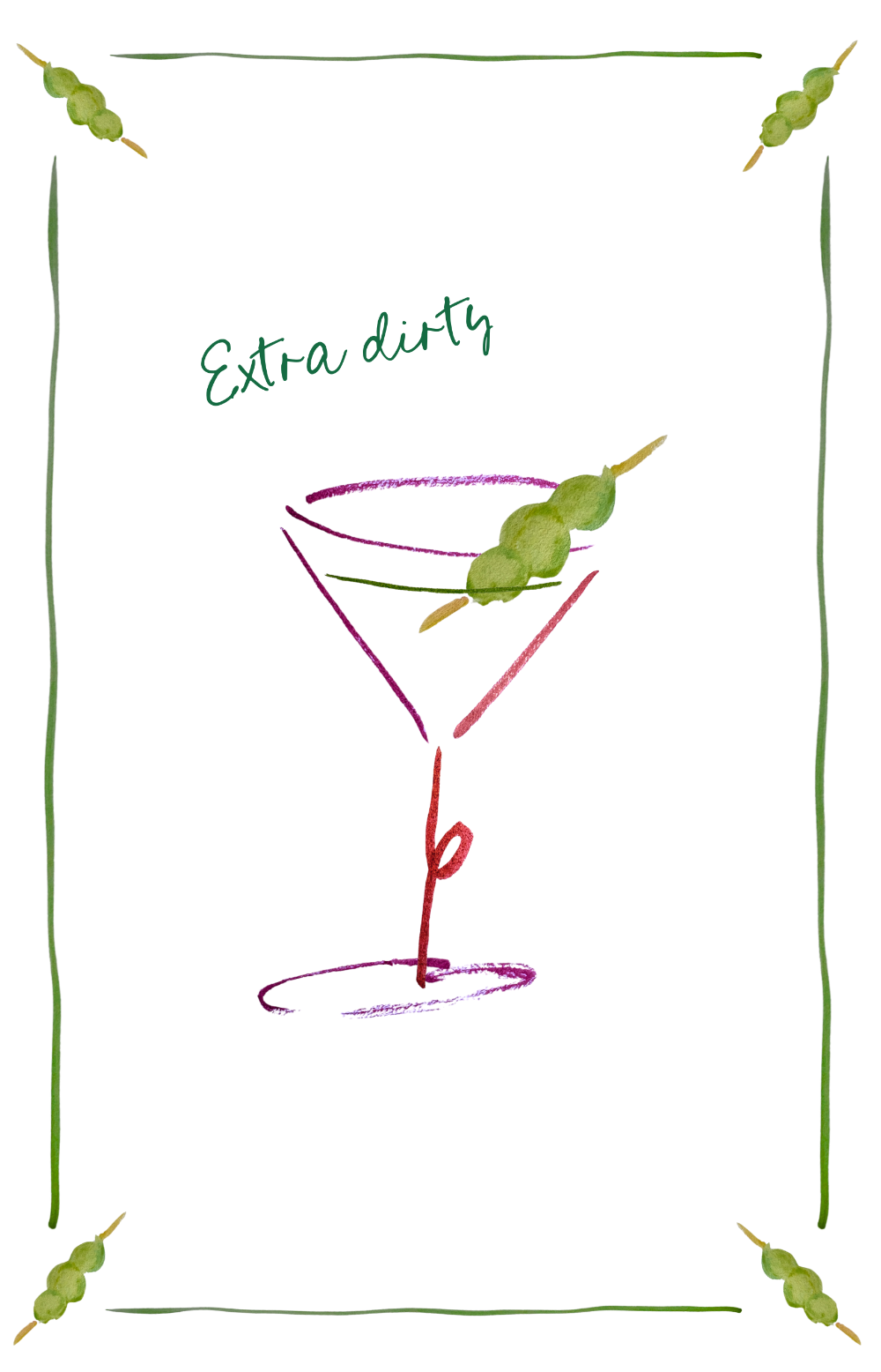 Illustration cocktail glass with olives and 'Extra dirty' text linen tea towel on a white background
