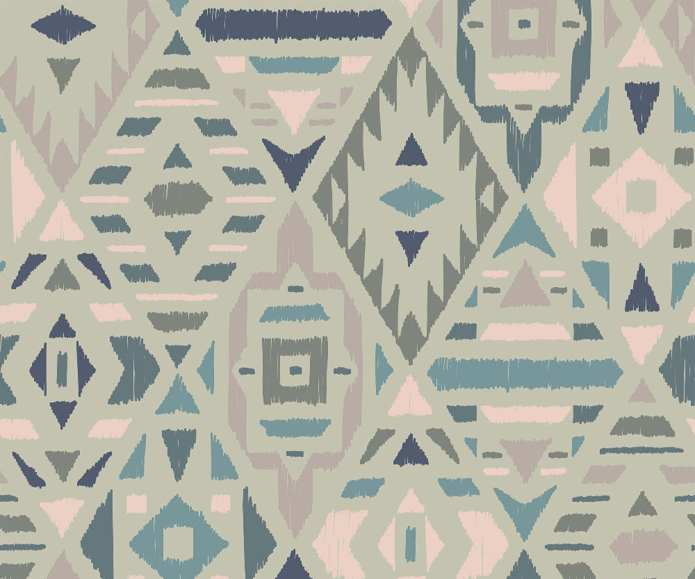 Geometric pattern with triangles and diamonds in pastel colours on a light green background