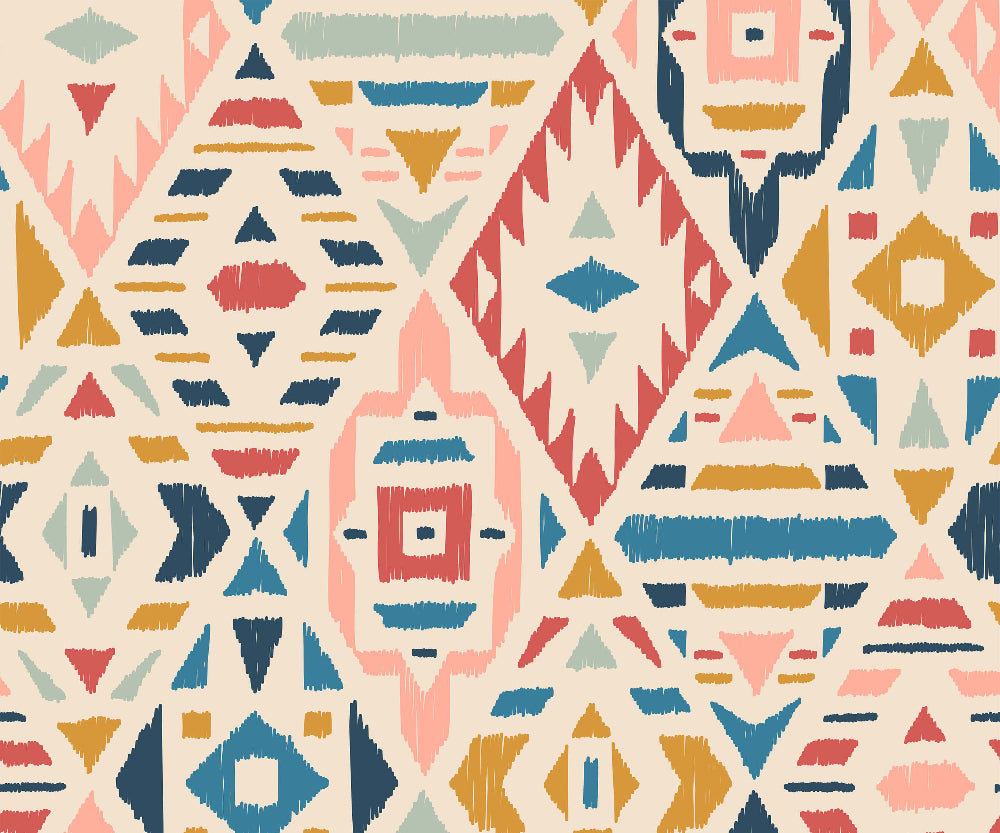 Colourful geometric patterned wallpaper on a beige background