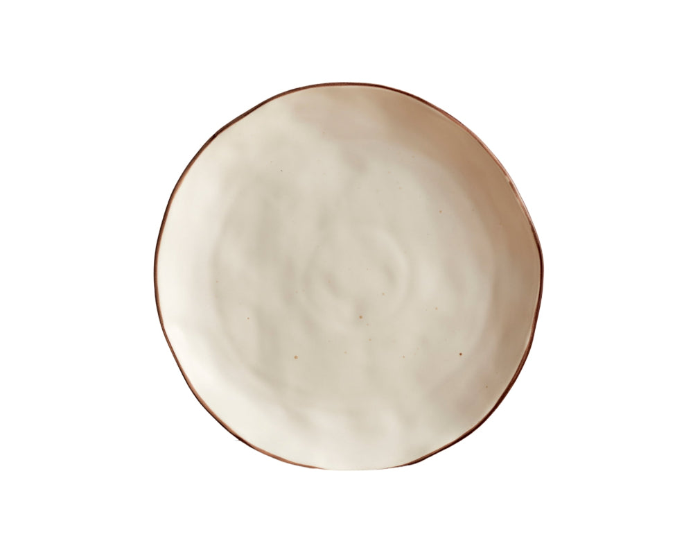 Beige ceramic plate with a brown rim on a white background